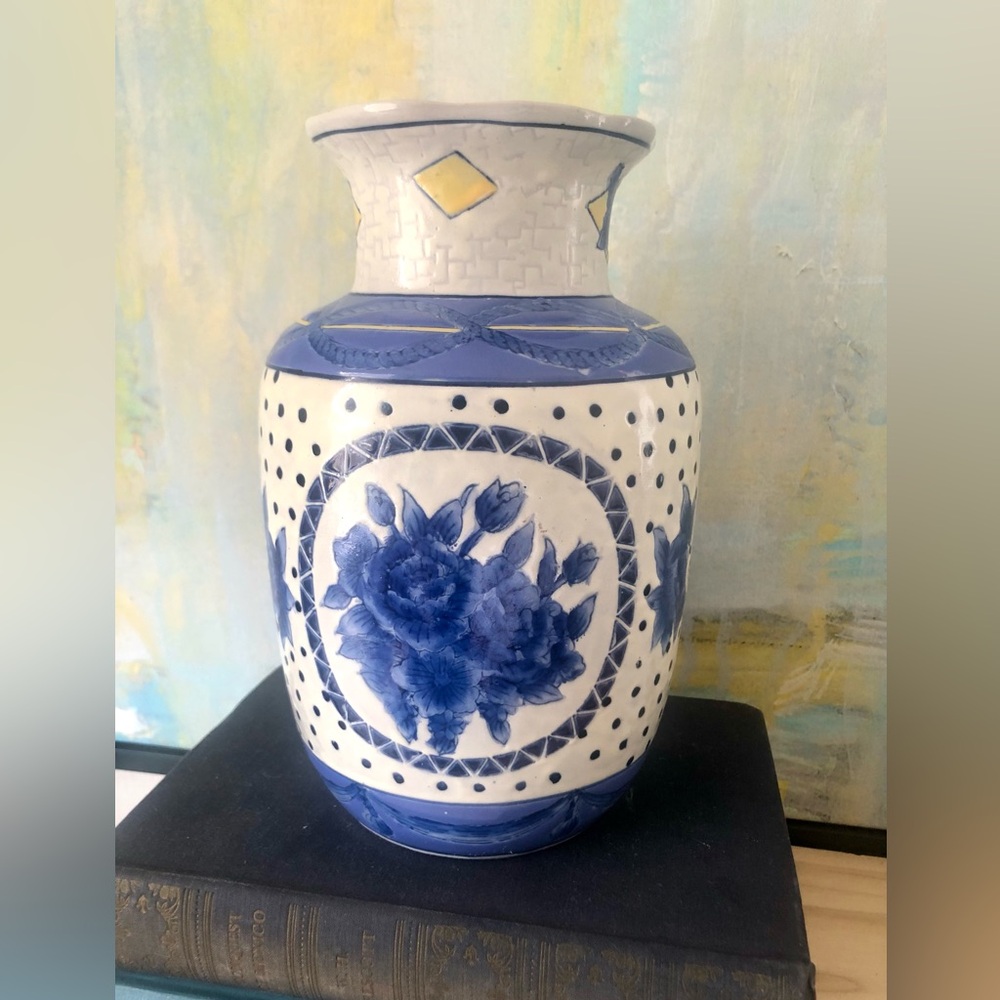 Vintage Blue, White and Yellow Vase with Floral Motif